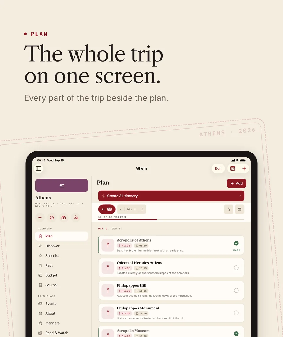 App Store screenshot on iPad. Plan: the whole trip on one screen, with every part of the trip beside the plan.