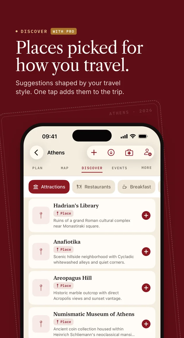 App Store screenshot. Discover, with Pro: places picked for how you travel. Suggestions shaped by your travel style; one tap adds them to the trip.