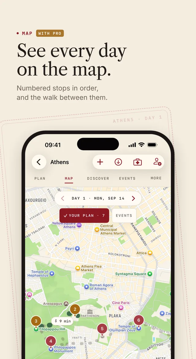 App Store screenshot. Map, with Pro: see every day on the map, with numbered stops in order and the walk between them.