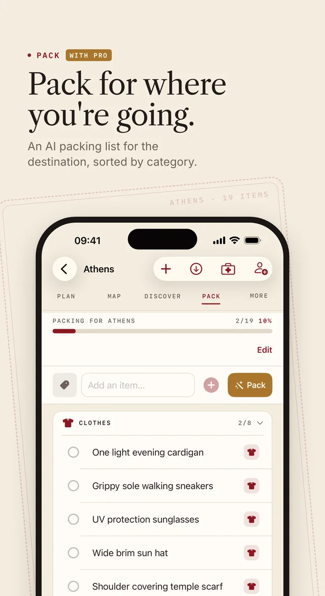 App Store screenshot. Pack, with Pro: pack for where you're going. An AI packing list for the destination, sorted by category.