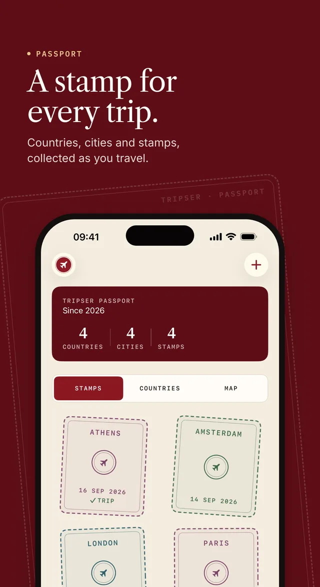 App Store screenshot. Passport: a stamp for every trip. Countries, cities and stamps, collected as you travel.